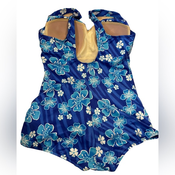 Le Cove Vintage Blue Tropical Hawaiian Floral Striped One Piece Swimsuit Dress - Picture 3 of 7